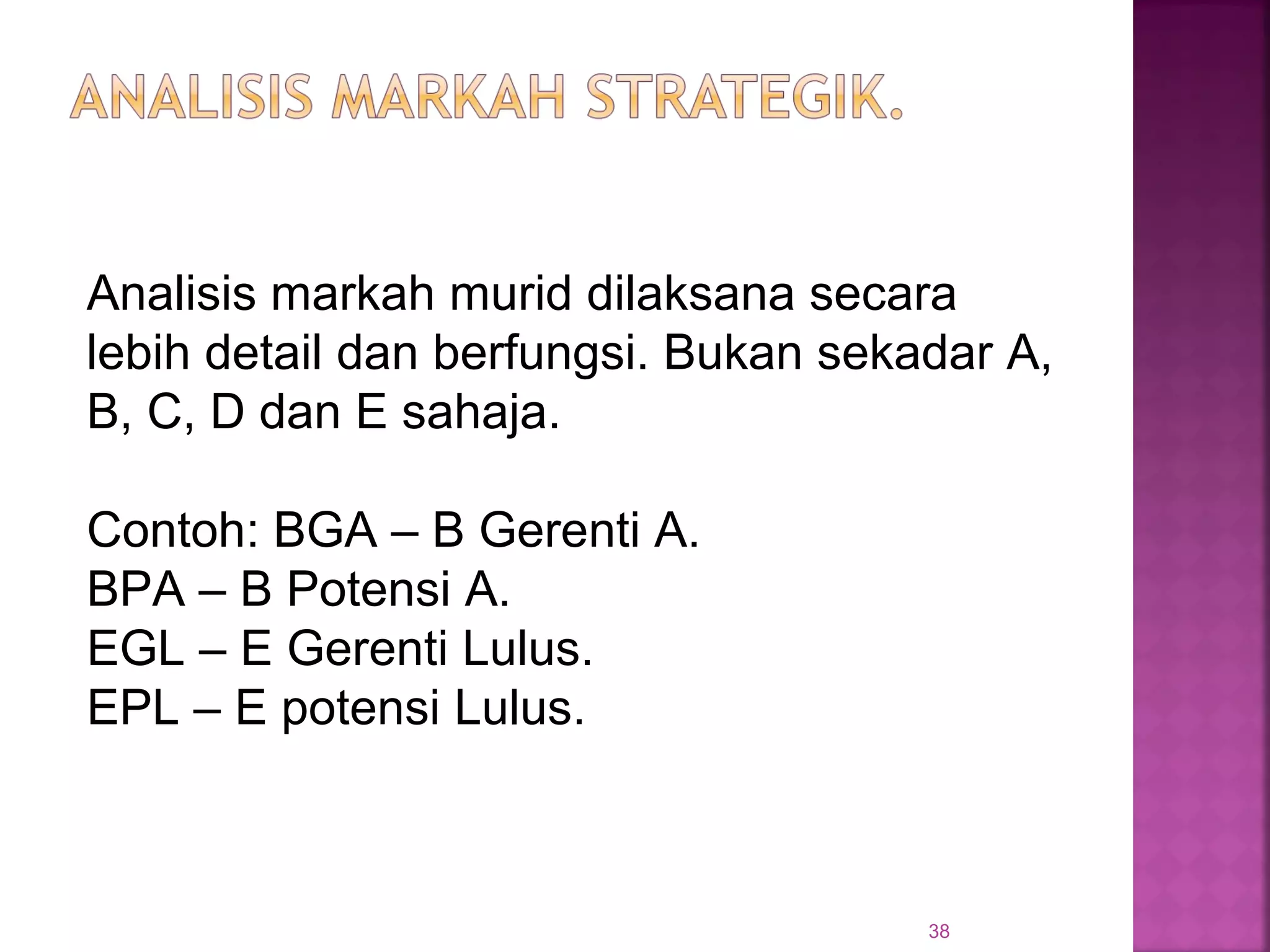 38
Analisis markah murid dilaksana secara
lebih detail dan berfungsi. Bukan sekadar A,
B, C, D dan E sahaja.
Contoh: BGA – B Gerenti A.
BPA – B Potensi A.
EGL – E Gerenti Lulus.
EPL – E potensi Lulus.
 