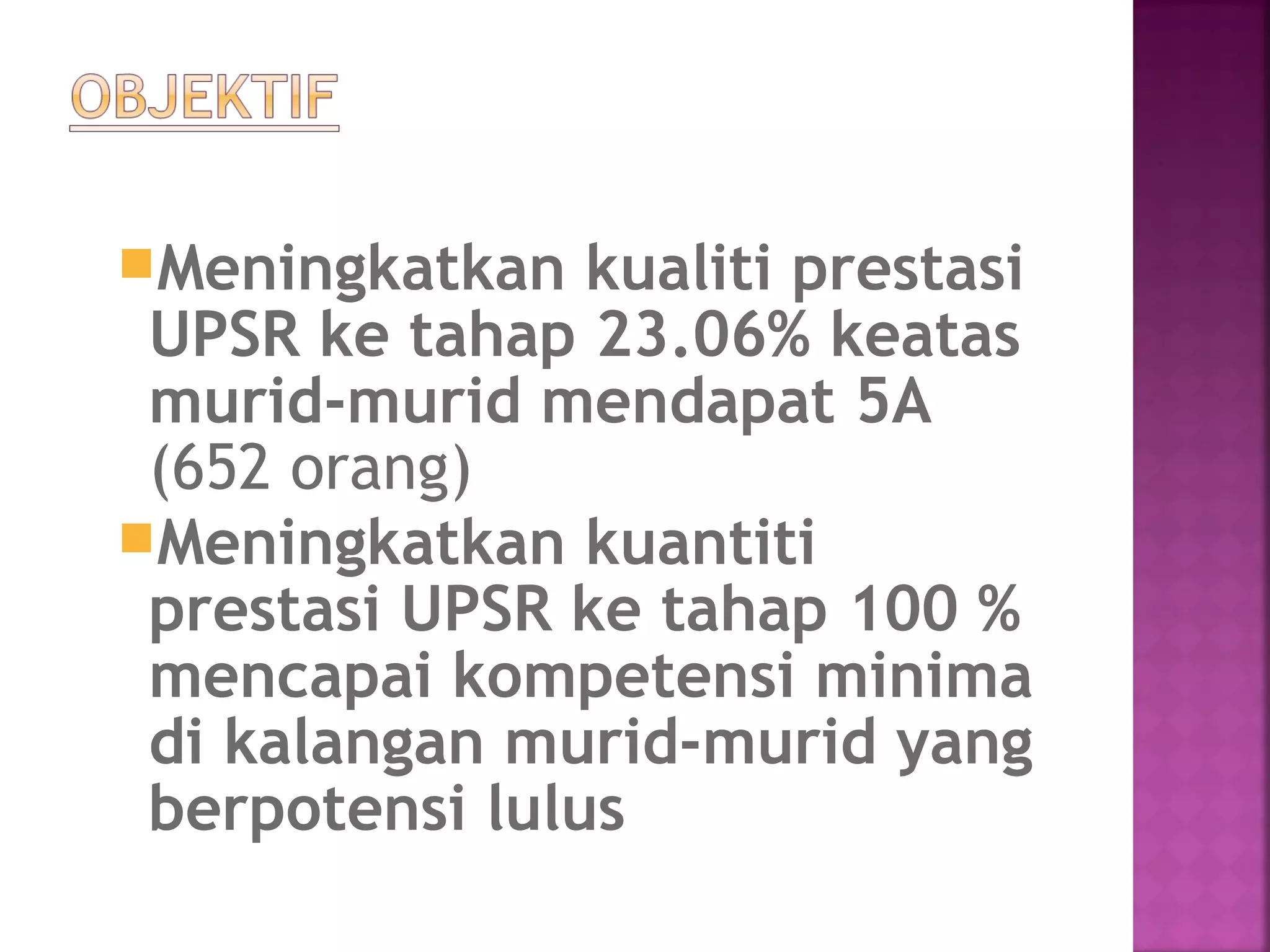 Meningkatkan kualiti prestasi
UPSR ke tahap 23.06% keatas
murid-murid mendapat 5A
(652 orang)
Meningkatkan kuantiti
prestasi UPSR ke tahap 100 %
mencapai kompetensi minima
di kalangan murid-murid yang
berpotensi lulus
 