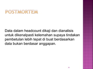 36
Data dalam headcount dikaji dan dianalisis
untuk dikenalpasti kelemahan supaya tindakan
pembetulan lebih tepat di buat berdasarkan
data bukan berdasar anggapan.
 