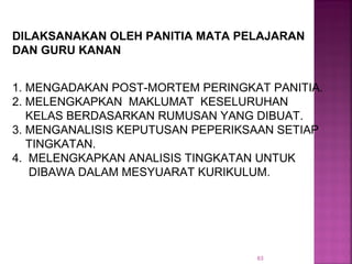 63
1. MENGADAKAN POST-MORTEM PERINGKAT PANITIA.
2. MELENGKAPKAN MAKLUMAT KESELURUHAN
KELAS BERDASARKAN RUMUSAN YANG DIBUAT.
3. MENGANALISIS KEPUTUSAN PEPERIKSAAN SETIAP
TINGKATAN.
4. MELENGKAPKAN ANALISIS TINGKATAN UNTUK
DIBAWA DALAM MESYUARAT KURIKULUM.
DILAKSANAKAN OLEH PANITIA MATA PELAJARAN
DAN GURU KANAN
 