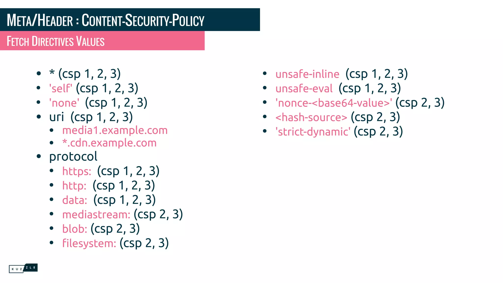META/HEADER : CONTENT-SECURITY-POLICY • * (csp 1, 2, 3) • 'self' (csp 1, 2, 3) • 'none' (csp 1, 2, 3) • uri (csp 1, 2, 3) • media1.example.com • *.cdn.example.com • protocol • https: (csp 1, 2, 3) • http: (csp 1, 2, 3) • data: (csp 1, 2, 3) • mediastream: (csp 2, 3) • blob: (csp 2, 3) • ﬁlesystem: (csp 2, 3) • unsafe-inline (csp 1, 2, 3) • unsafe-eval (csp 1, 2, 3) • 'nonce-<base64-value>' (csp 2, 3) • <hash-source> (csp 2, 3) • 'strict-dynamic' (csp 2, 3) FETCH DIRECTIVES VALUES 