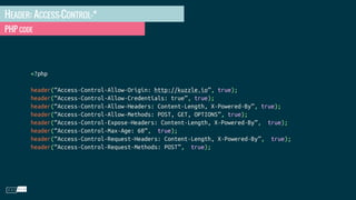 HEADER: ACCESS-CONTROL-*
PHP CODE
<?php
header(“Access-Control-Allow-Origin: http://kuzzle.io”, true);
header(“Access-Control-Allow-Credentials: true”, true);
header(“Access-Control-Allow-Headers: Content-Length, X-Powered-By”, true);
header(“Access-Control-Allow-Methods: POST, GET, OPTIONS”, true);
header(“Access-Control-Expose-Headers: Content-Length, X-Powered-By”, true);
header(“Access-Control-Max-Age: 60”, true);
header(“Access-Control-Request-Headers: Content-Length, X-Powered-By”, true);
header(“Access-Control-Request-Methods: POST”, true);
 