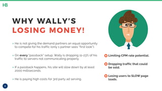 8
WHY WALLY’S
LOSING MONEY!
‣ He is not giving the demand partners an equal opportunity
to compete for his traffic (only 1 partner sees “first look”).
‣ On every “passback” setup, Wally is dropping 11-23% of his
traffic to servers not communicating properly.
‣ If a passback happens, his site will slow down by at least
2000 milliseconds.
‣ He is paying high costs for 3rd party ad serving.
• Limiting CPM rate potential.
• Dropping traffic that could
be sold.
• Losing users to SLOW page
loads.
 