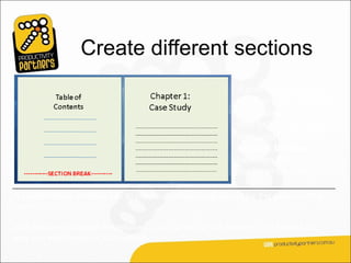Create different sections
                                                         If your document has
                                                         several parts, and you
                                                         want unique headers
                                                         and footers for each
                                                         part, you first create
                                                         section breaks
                                                         between the
                                                         document’s parts.

A section break enables you to create a unique page layout for the pages in that
section.

With the unique layout established, you can set up the headers and footers the
way you want them for that section.
 