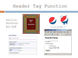 Header Tag Function

Section
Heading:
h1-h6
 