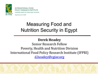 1
Measuring Food and
Nutrition Security in Egypt
Derek Headey
Senior Research Fellow
Poverty, Health and Nutrition Division
International Food Policy Research Institute (IFPRI)
d.headey@cgiar.org
 