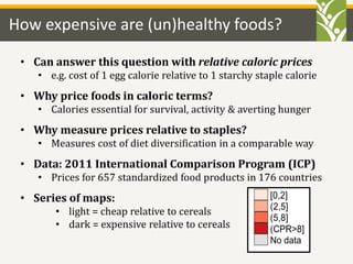 How expensive are (un)healthy foods?
• Can answer this question with relative caloric prices
• e.g. cost of 1 egg calorie ...