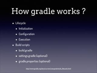 How gradle works ?
•

•

Lifecycle

•
•
•

Initialization
Conﬁguration
Execution

Build scripts

•
•
•

build.gradle
settings.gradle (optional)
gradle.properties (optional)
http://www.gradle.org/docs/current/userguide/build_lifecycle.html

 