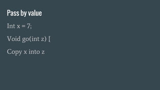 Pass by value
Int x = 7;
Void go(int z) {
Copy x into z