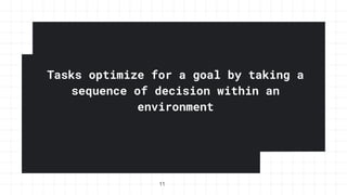 Tasks optimize for a goal by taking a
sequence of decision within an
environment
11
 
