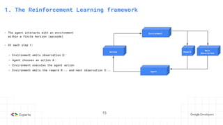 15
1. The Reinforcement Learning framework
Environment
Agent
Reward
Next
observation
Action
- The agent interacts with an environment
within a finite horizon (episode)
- At each step t:
- Environment emits observation Oₜ
- Agent chooses an action Aₜ
- Environment executes the agent action
- Environment emits the reward Rₜ₊₁ and next observation Oₜ₊₁
 