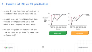 58
3. State-Action Value function
1. Example of MC vs TD prediction
- we are driving home from work and we try
to estimate how long it will take us.
- At each step, we re-estimated our time
because of complications (e.g. car
doesn’t work, highway is busy, etc).
- How can we update our estimate of the
time it takes to get home for next time
we leave work?
Monte Carlo TD-Learning
58
 
