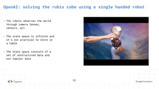 OpenAI: solving the rubix cube using a single handed robot
- The robots observes the world
through camera lenses,
censors..ect
- The state space is infinite and
it's not practical to store in
a table
- The state space consists of a
set of unstructured data and
not tabular data
65
 