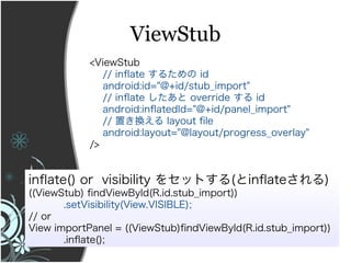 ViewStub
            <ViewStub
               // infate 뤿 id
               android:id="@+id/stub_import"
               // infate  override  id
               android:infatedId="@+id/panel_import"
               // äQ layout fle
               android:layout="@layout/progress_overlay"
            />


infate() or visibility 򥻥åȤ(infate)
((ViewStub) fndViewById(R.id.stub_import))
       .setVisibility(View.VISIBLE);
// or
View importPanel = ((ViewStub)fndViewById(R.id.stub_import))
       .infate();
 