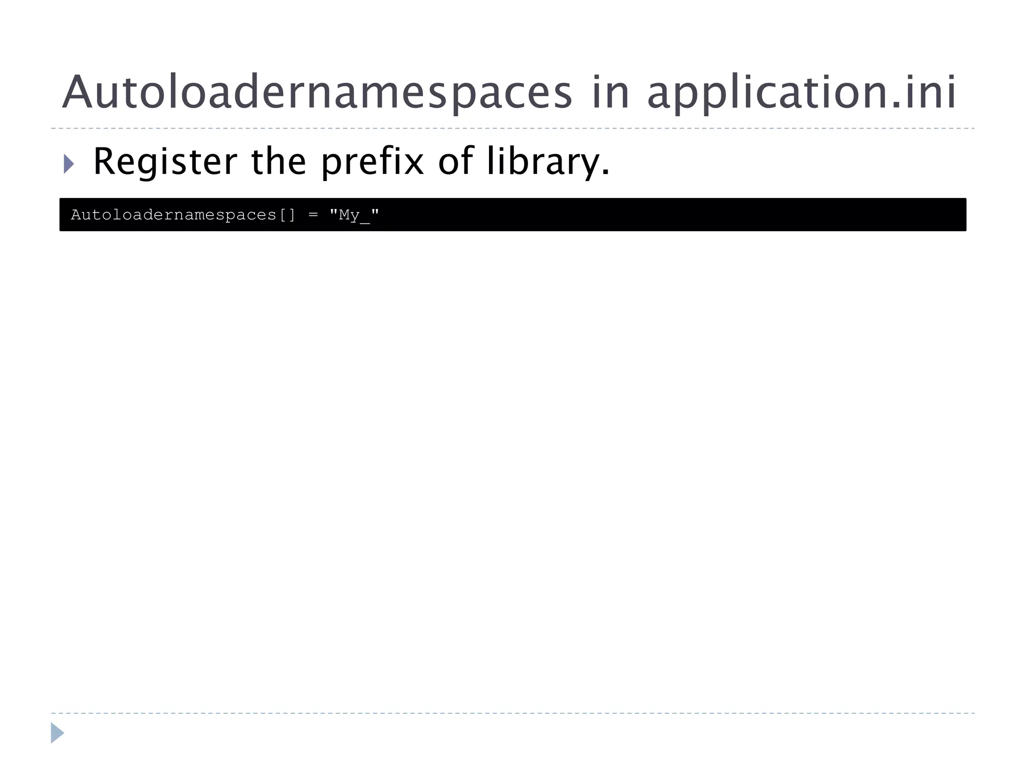 Autoloadernamespaces in application.ini  Register the prefix of library. Autoloadernamespaces[] = "My_" 