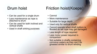• Cannot
• More maintenance
• Suitable for large depth
• Used only for vertical shafts
• Cannot operate when shaft bottom is
flooded as tail rope may get damaged
• Less length of rope required
• Less motor power required in
comparison
• Not suitable in shafts containing
corrosive waters as they can’t be
greased similar to drum winding
• Can be used for a single drum
• Less maintenance as rope is
attached to drum
• Can be used for both inclined and
vertical shafts
• Used in shaft sinking purposes
Drum hoist Friction hoist(Koepe)
 