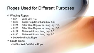  Winding Ropes
 6x7 Lang Lay, F.C.
 6x19 Seale Regular or Lang Lay, F.C.
 6x21 Filler Wire Regular or Lang Lay, F.C.
 6x25 Filler Wire Regular or Lang Lay, F.C.
 6x27 Flattened Strand Lang Lay, F.C.
 6x30 Flattened Strand Lang Lay, F.C.
 Locked coil hoist Rope
 Guide Rope
 Half Locked Coil Guide Rope
Ropes Used for Different Purposes
 