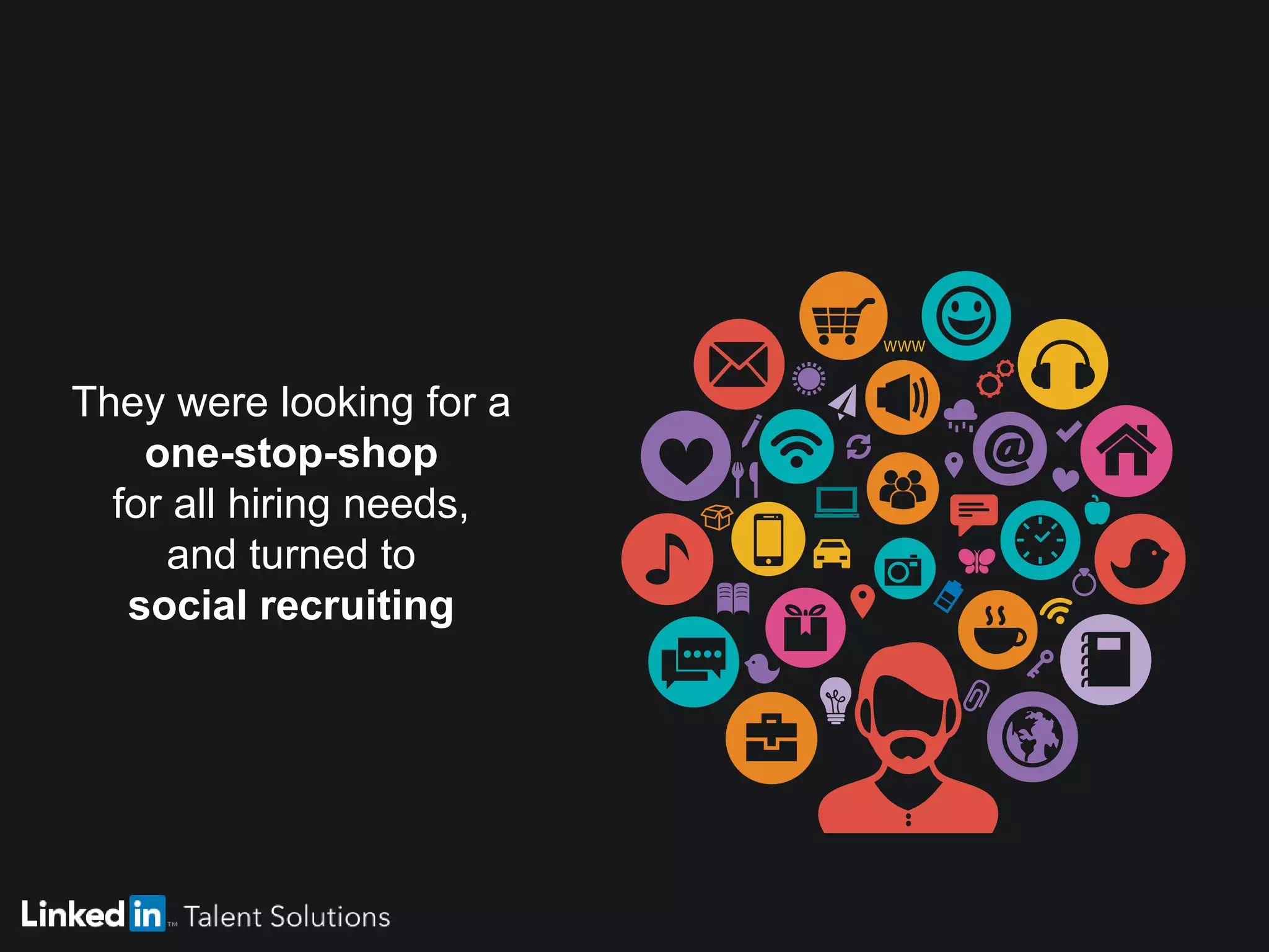 They were looking for a
one-stop-shop
for all hiring needs,
and turned to
social recruiting
 