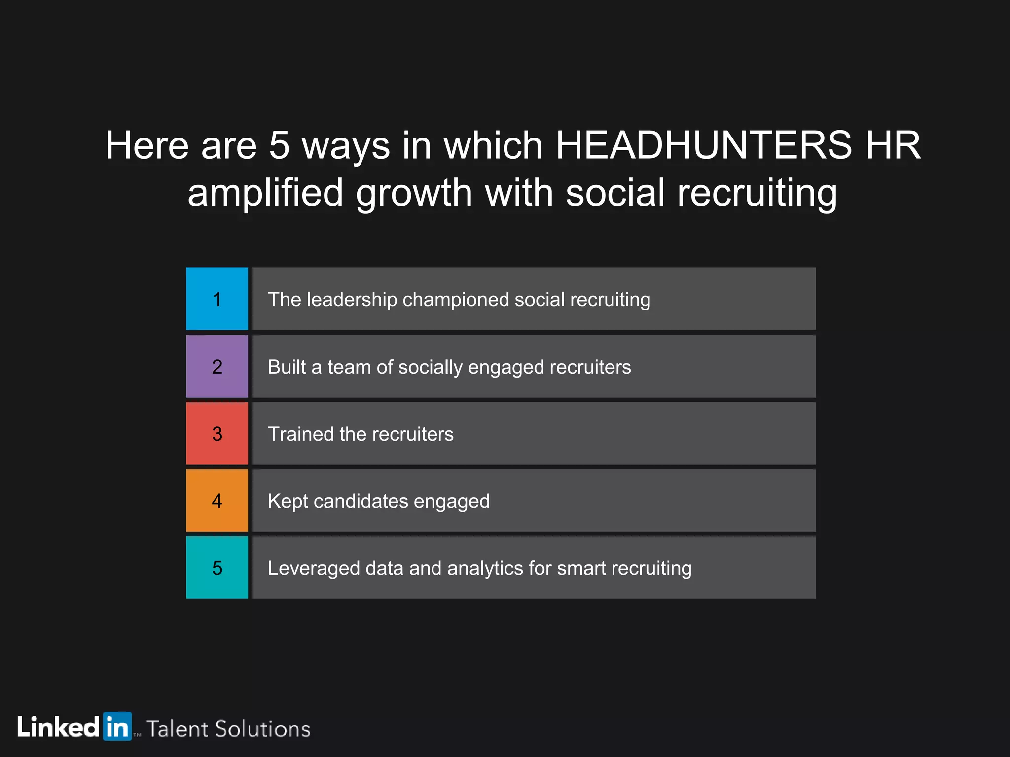 Here are 5 ways in which HEADHUNTERS HR
amplified growth with social recruiting
1 The leadership championed social recruiting
2 Built a team of socially engaged recruiters
3 Trained the recruiters
4 Kept candidates engaged
5 Leveraged data and analytics for smart recruiting
 