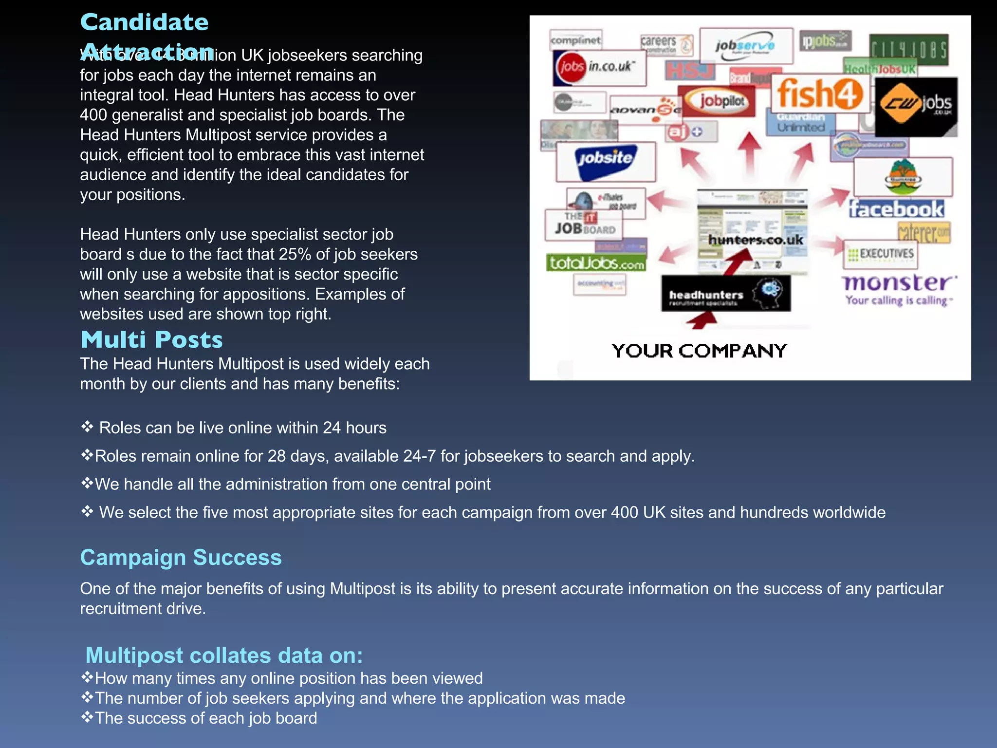 With over 14.3 million UK jobseekers searching for jobs each day the internet remains an integral tool. Head Hunters has access to over 400 generalist and specialist job boards. The Head Hunters Multipost service provides a quick, efficient tool to embrace this vast internet audience and identify the ideal candidates for your positions.  Head Hunters only use specialist sector job board s due to the fact that 25% of job seekers will only use a website that is sector specific when searching for appositions. Examples of websites used are shown top right. Multi Posts The Head Hunters Multipost is used widely each month by our clients and has many benefits: Roles can be live online within 24 hours Roles remain online for 28 days, available 24-7 for jobseekers to search and apply.  We handle all the administration from one central point We select the five most appropriate sites for each campaign from over 400 UK sites and hundreds worldwide Campaign Success One of the major benefits of using Multipost is its ability to present accurate information on the success of any particular recruitment drive. Multipost collates data on: How many times any online position has been viewed  The number of job seekers applying and where the application was made The success of each job board Candidate Attraction 