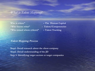 What is Talent Mapping? Who is where”    – The  Human Capital “ Who knows what”  -  Talent/Competencies “ Who joined whom (client)”  – Talent Tracking Talent Mapping Process Step1- Detail research about the client company Step2- Detail understanding of the JD Step 3- Identifying target sectors or target companies 
