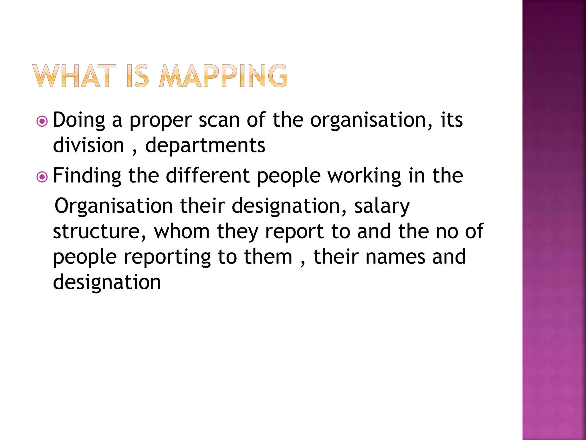  Doing a proper scan of the organisation, its
division , departments
 Finding the different people working in the
Organisation their designation, salary
structure, whom they report to and the no of
people reporting to them , their names and
designation
 