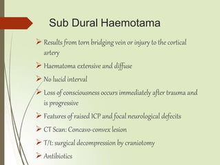Sub Dural Haemotama
 Results from torn bridging vein or injury to the cortical
artery
 Haematoma extensive and diffuse
 No lucid interval
 Loss of consciousness occurs immediately after trauma and
is progressive
 Features of raised ICP and focal neurological defecits
 CT Scan: Concavo-convex lesion
 T/t: surgical decompression by craniotomy
 Antibiotics
 
