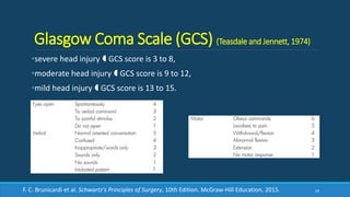 Glasgow Coma Scale (GCS) (Teasdale and Jennett, 1974)
•severe head injury  GCS score is 3 to 8,
•moderate head injury  GCS score is 9 to 12,
•mild head injury  GCS score is 13 to 15.
29F. C. Brunicardi et al. Schwartz's Principles of Surgery, 10th Edition. McGraw-Hill Education, 2015.
 