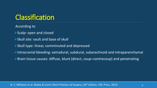 Classification
According to
Scalp: open and closed
Skull site: vault and base of skull
Skull type: linear, comminuted and depressed
Intracranial bleeding: extradural, subdural, subarachnoid and intraparenchymal
Brain tissue causes: diffuse, blunt (direct, coup–contrecoup) and penetrating
36N. S. Williams et al. Bailey & Love’s Short Practice of Surgery, 26th Edition. CRC Press, 2013.
 