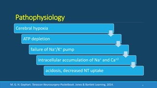 Pathophysiology
Cerebral hypoxia
ATP depletion
failure of Na+/K+ pump
intracellular accumulation of Na+ and Ca+2
acidosis, decreased NT uptake
4M. G. H. Gephart. Tarascon Neurosurgery Pocketbook. Jones & Bartlett Learning, 2014.
 