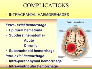 COMPLICATIONS
• INTRACRANIAL HAEMORRHAGES
Extra- axial hemorrhage
• Epidural hematoma
• Subdural hematoma-
Acute
Chronic
• Subarachnoid hemorrhage
Intra-axial hemorrhage
• Intra-parenchymal hemorrhage
• Intra-ventricular hemorrhage
 