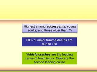Highest among adolescents, young
adults, and those older than 75
Vehicle crashes are the leading
cause of brain injury. Falls are the
second leading cause
50% of major trauma deaths are
due to TBI
 