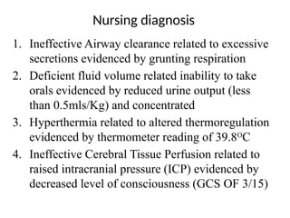 Nursing diagnosis
1. Ineffective Airway clearance related to excessive
secretions evidenced by grunting respiration
2. Deficient fluid volume related inability to take
orals evidenced by reduced urine output (less
than 0.5mls/Kg) and concentrated
3. Hyperthermia related to altered thermoregulation
evidenced by thermometer reading of 39.8O
C
4. Ineffective Cerebral Tissue Perfusion related to
raised intracranial pressure (ICP) evidenced by
decreased level of consciousness (GCS OF 3/15)
 