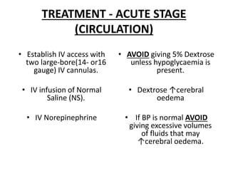 TREATMENT - ACUTE STAGE
(CIRCULATION)
• Establish IV access with
two large-bore(14- or16
gauge) IV cannulas.
• IV infusion of Normal
Saline (NS).
• IV Norepinephrine
• AVOID giving 5% Dextrose
unless hypoglycaemia is
present.
• Dextrose ↑cerebral
oedema
• If BP is normal AVOID
giving excessive volumes
of fluids that may
↑cerebral oedema.
 