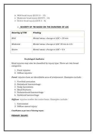  Mild head inury (GCS 14 - 15)
 Moderate head injury (GCS 9 - 13)
 Severe head injury (GCS 3 - 8)
2. SEVERITY OF TBI BASED ON THE DURATION OF LOC
Severity of TBI Finding
Mild Mental status change or LOC < 30 min
Moderate Mental status change or LOC 30 min to 6 h
Severe Mental status change or LOC > 6 h
Morphological classification
Head injuries may also be classified by injury type. There are two broad
categories:
1. Focal injuries
2. Diffuse injuries
Focal injuries have an identifiable area of involvement. Examples include:
1. Cerebral contusion
2. Extradural haemorrhage:
3. Scalp lacerations
4. Skull fractures
5. Subarachnoid haemorrhage
6. Subdural haemorrhage
Diffuse injuries involve the entire brain. Examples include:
1. Concussion
2. Diffuse axonal injury
Classification as per time of showing impact:
PRIMARY INJURY:
 
