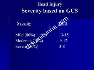 Head Injury
Severity based on GCS
Severity GCS
Mild (80%) 13-15
Moderate (10%) 9-12
Severe (10%) 3-8
 