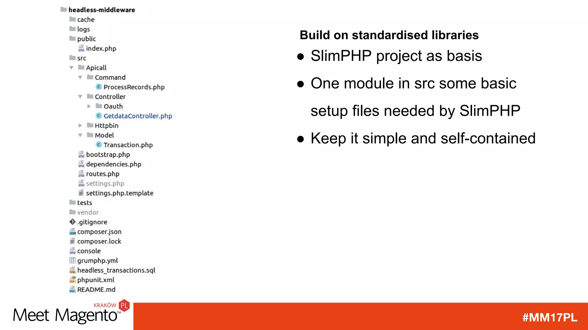 #MM17PL
Build on standardised libraries
● SlimPHP project as basis
● One module in src some basic
setup files needed by SlimPHP
● Keep it simple and self-contained
 