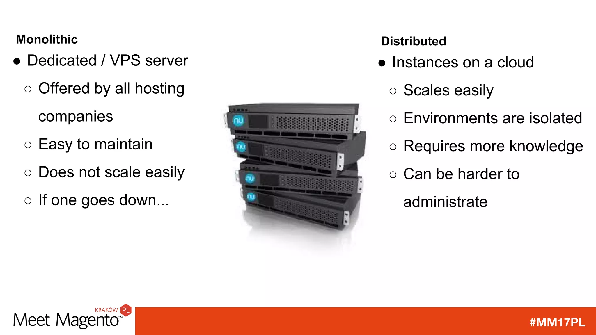#MM17PL
Monolithic
● Dedicated / VPS server
○ Offered by all hosting
companies
○ Easy to maintain
○ Does not scale easily
○ If one goes down...
Distributed
● Instances on a cloud
○ Scales easily
○ Environments are isolated
○ Requires more knowledge
○ Can be harder to
administrate
 