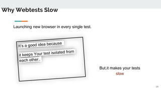 Why Webtests Slow
Launching new browser in every single test.
14
But,it makes your tests
slow
 