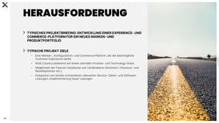 C
0
-
P
U
B
L
I
C
13
HERAUSFORDERUNG
TYPISCHES PROJEKTBRIEFING: ENTWICKLUNG EINER EXPERIENCE- UND
COMMERCE-PLATFORM FÜR EIN NEUES MARKEN- UND
PRODUKTPORTFOLIO
TYPISCHE PROJEKT ZIELE
• Eine Marken-, Konfigurations- und Commerce-Platform, die die bestmögliche
Customer Experience bietet.
• Multi Country basierend auf einem zentralen Prozess- und Technology-Stack
• Möglichkeit der Feature-Variationen auf Länderebene (Sortiment, Checkout- und
Bezahloptionen etc.).
• Integration von bereits vorhandenen relevanten Service- Daten- und Software-
Lösungen, Implementierung neuer Lösungen.
 