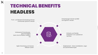C
0
-
P
U
B
L
I
C
6
Einfache und flexible
Integration von zusätzlichen
Services
Agile Entwicklung und kürzere
Release-Zyklen
Front- und Backend-Entwicklung können
voneinander getrennt werden
Verbesserte Entwicklungs-
geschwindigkeit
(wenn die Architektur etabliert
ist)
Entwicklungen können parallel
durchgeführt werden
Skalierbarkeit - Keine Ausfallzeiten, sogar
bei Spitzenbelastungen
TECHNICAL BENEFITS
HEADLESS
 