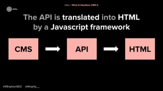 The API is translated into HTML
by a Javascript framework
##BrightonSEO @Wrighty__
Intro > What A Headless CMS Is
CMS API HTML
 