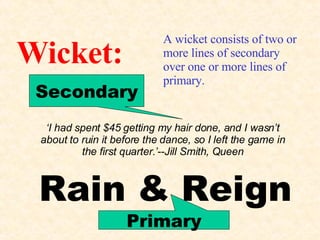 Wicket: A wicket consists of two or more lines of secondary over one or more lines of primary. Secondary Primary ‘ I had spent $45 getting my hair done, and I wasn’t about to ruin it before the dance, so I left the game in the first quarter.’--Jill Smith, Queen Rain & Reign 