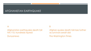 AFGHANISTAN EARTHQUAKE
A
Afghanistan earthquake death toll
hits 115, hundreds injured
Dunyanews
B
Afghan quake death toll rises further
as survivors await aid
The Washington Times
 