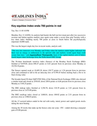 Headlines India Nov 11, 2008 Key Equities Index Ends 700 Points In Red