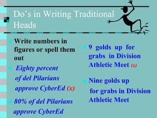 Do’s in Writing Traditional
Heads
 Write numbers in
figures or spell them
out
 Eighty percent
of del Pilarians
approve CyberEd (x)
 80% of del Pilarians
approve CyberEd
 9 golds up for
grabs in Division
Athletic Meet (x)
 Nine golds up
for grabs in Division
Athletic Meet
 