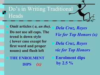 Do’s in Writing Traditional
Heads
 Omit articles ( a, an the).
 Do not use all caps. The
trend is down style
( lower case except for
first word and proper
nouns) and flush left
 THE ENROLMENT
DIPS (x)
 Dela Cruz, Reyes
Vie for Top Honors (x)
 Dela Cruz, Reyes
vie for Top Honors
 Enrolment dips
by 2.5 %
 
