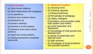 04/08/2017fousimohd76@gmail.com
11
 3. Social Qualities:
 (a) Good human relations.
 (b) Good relationships with colleagues.
 (c) Co-operations.
 (d) Active and socialized citizen.
 (e) Goodwill for all.
 (f) Honest in dealings.
 (g) Devoted to social progress.
 (h) Interest to know about others’
problems.
 (i) Insight into social problems.
 (j) Creating awareness to eradicate
social evils.
 4. Intellectual Qualities:
 (a) Growing mind.
 (b) Initiating capacity.
 (c) Resourcefulness.
 (d) Knowledge of pedagogy,
 (e) Highly intelligent.
 (f) Excellent communication skills
both spoken and written.
 (g) Good exposition and
expression.
 (h) Knowledge of child growth and
development,
 (i) Sense of systematic and
planned work.
 (j) High achiever.
 (k) Knowledge of social problems
and possible solutions.
 