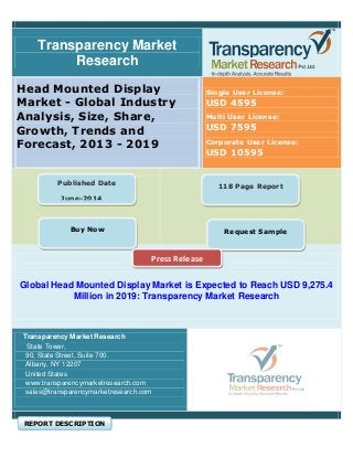 Transparency Market
Research
Head Mounted Display
Market - Global Industry
Analysis, Size, Share,
Growth, Trends and
Forecast, 2013 - 2019
Single User License:
USD 4595
Multi User License:
USD 7595
Corporate User License:
USD 10595
Global Head Mounted Display Market is Expected to Reach USD 9,275.4
Million in 2019: Transparency Market Research
Transparency Market Research
State Tower,
90, State Street, Suite 700.
Albany, NY 12207
United States
www.transparencymarketresearch.com
sales@transparencymarketresearch.com
REPORT DESCRIPTION
Published Date
June-2014
Buy Now
118 Page Report
Request Sample
Press Release
 