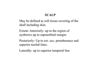 SCALP
May be defined as soft tissue covering of the
skull including skin.
Extent: Anteriorly- up to the region of
eyebrows up to supraorbital margin.
Posteriorly- Up to ext. occ. protuberance and
superior nuchal lines.
Laterally- up to superior temporal line
 